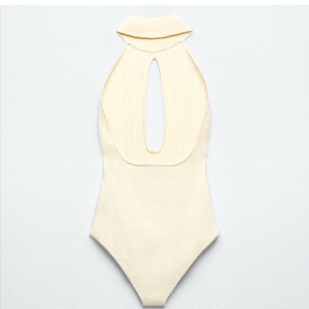 Zara Cream Bodysuit Knit Cut Out Halter Neck Size XL - Picture 7 of 9